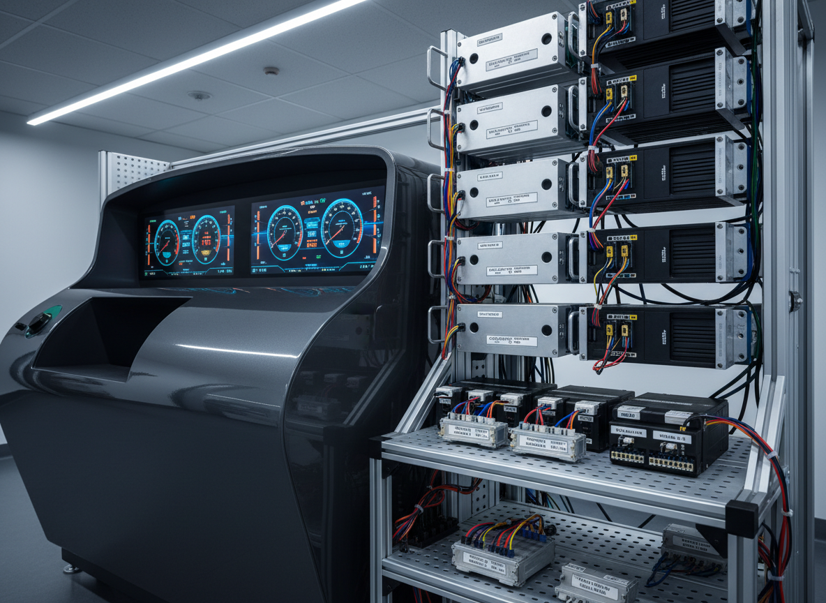 A modern automotive test bench simulating a vehicle environment, with a glossy, dark dashboard mock-up featuring illuminated digital instrument clusters, mounted next to a rack of automotive ECUs connected by color-coded wiring looms organized in cable channels. Diagnostic interfaces, breakout boxes, and neatly labeled connectors occupy the lower shelves of a sturdy metal rack. Cool, controlled lab lighting creates subtle reflections on display glass and brushed metal panels while maintaining low glare. Photographic realism from a slightly low, three-quarter perspective to emphasize depth and complexity, with a moderate depth of field that keeps all essential hardware in focus. The atmosphere is high-tech and precise, showcasing system-level testing and integration of custom automotive electronics solutions.
