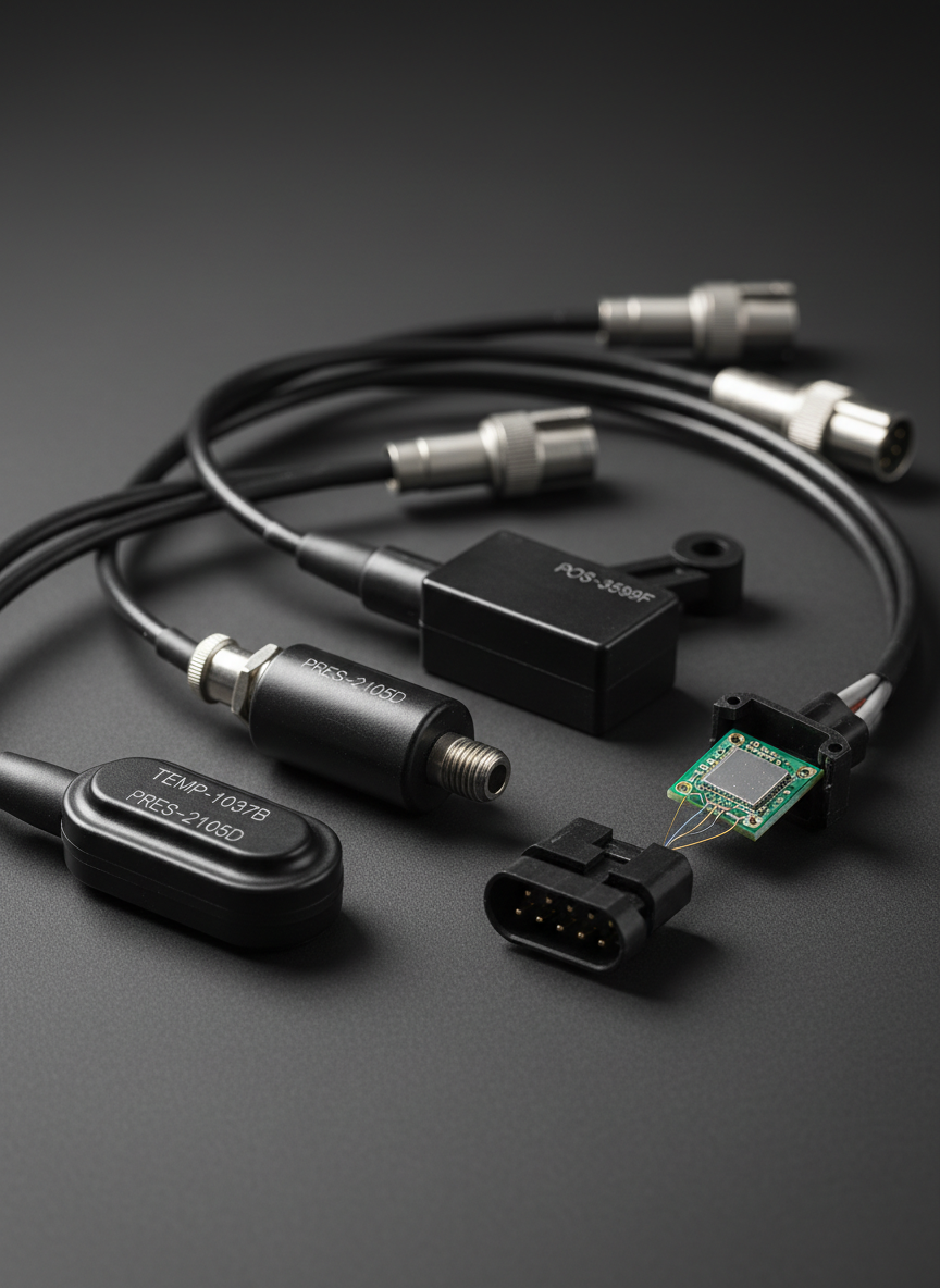 A detailed macro shot of an automotive sensor suite laid out on a matte dark-gray surface: precision-molded plastic housings for temperature, pressure, and position sensors, coiled shielded cables with crimped connectors, and small, laser-etched serial numbers on each component. A partially disassembled sensor reveals a tiny MEMS element on a green PCB next to a molded connector body. Soft, directional studio lighting from one side creates gentle highlights along curved plastic edges and metallic pins, with delicate shadows adding depth. Photographic realism with shallow depth of field isolates the foreground components, leaving the background as a smooth, unobtrusive blur. The mood is meticulous and technical, reinforcing expertise in custom automotive sensor and component development.