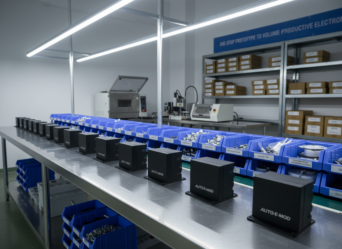 An organized small-batch production area for automotive electronic modules, featuring a row of identical black control units with subtle branding, arranged on a stainless steel worktable beside labeled blue ESD trays of connectors and sensors. In the background, a compact reflow oven, SMT placement machine, and shelves with neatly boxed components add industrial context. Bright, cool-white overhead LED lighting ensures uniform illumination, highlighting the precise alignment and consistent build quality of each unit. Photographic realism, captured from a slightly elevated wide-angle view, with a clear depth of field to keep the entire workspace sharp. The mood is efficient, reliable and professional, emphasizing one-stop service from prototype to small-volume delivery for automotive electronics.