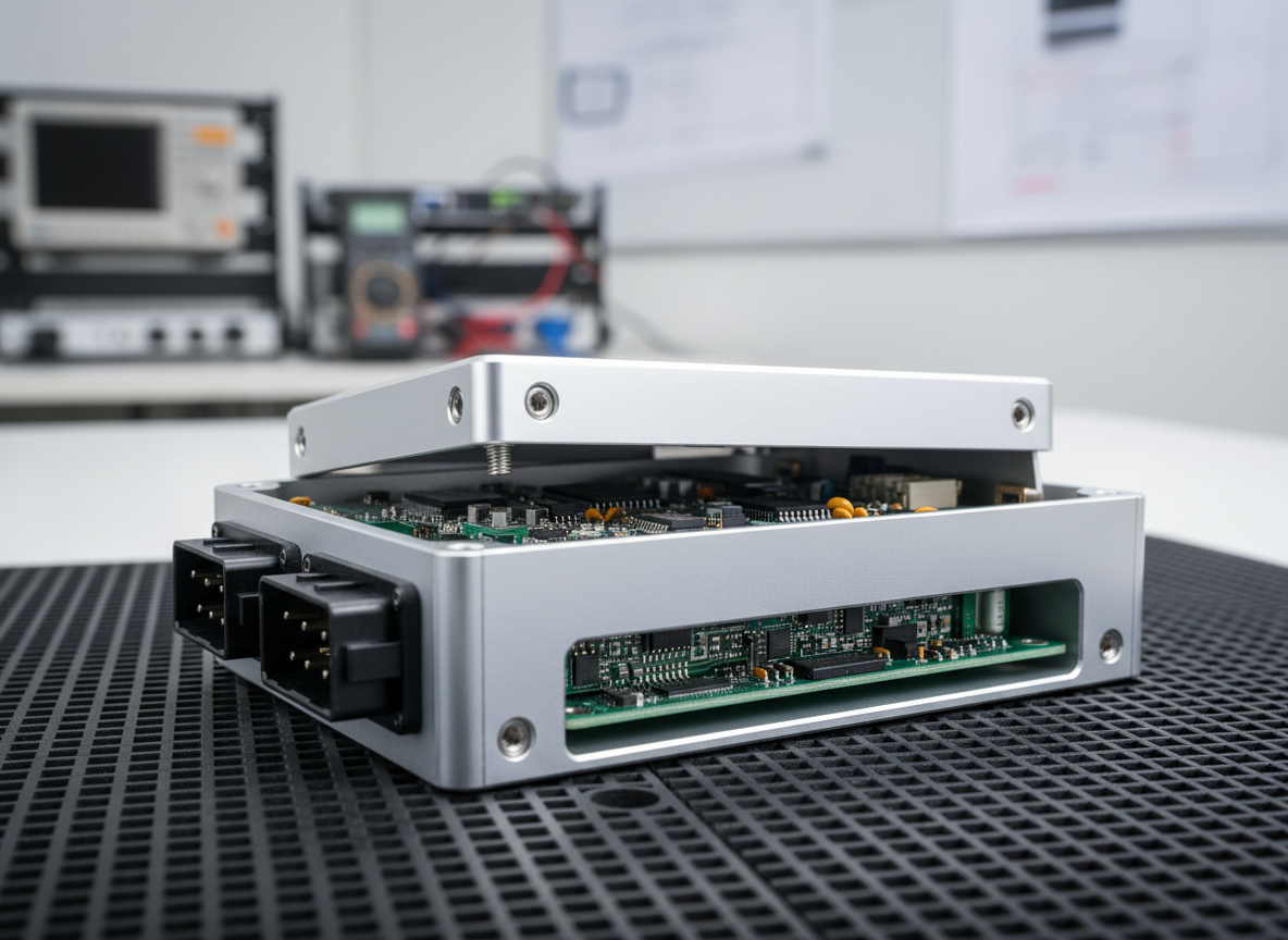 A close-up of a custom automotive ECU prototype for a modern vehicle, housed in a matte silver aluminum casing with precision-milled edges, multi-pin connectors, and a partially open top revealing a densely populated circuit board with green solder mask, fine copper traces, and neatly aligned SMD components. The unit rests on a dark anti-static mat inside a spotless engineering lab. Neutral, diffused studio lighting emphasizes the textures of the metal housing and PCB without harsh reflections. Shot from a slightly elevated macro perspective with shallow depth of field, the ECU fills most of the frame while blurred instruments and technical drawings sit in the background, conveying advanced R&D capabilities and meticulous craftsmanship in automotive electronics design.