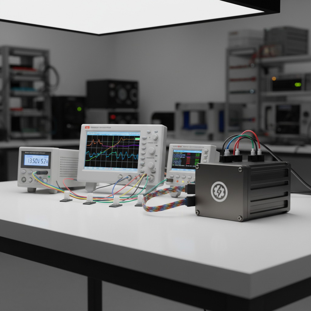 A compact automotive electronics test rig mounted on a clean white tabletop, featuring a programmable power supply, an oscilloscope with colorful signal traces, a CAN bus analyzer, and a small harness connected to a rugged ECU enclosure labeled with a generic brand-free logo. Color-coded cables are neatly routed through cable organizers, avoiding clutter. Neutral, diffused lighting from a large softbox above creates minimal shadows and a clinical, trustworthy atmosphere. The background is softly blurred, suggesting a larger lab environment with shelves and equipment. Captured at a slightly low, three-quarter angle that makes the test rig appear substantial and engineered. The photographic style is realistic and modern, highlighting validation, reliability testing, and end-to-end solution assurance for custom automotive electronics.