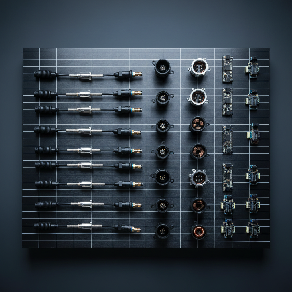 An organized array of custom automotive sensors and electronic modules laid out on a dark, brushed metal surface. Wheel speed sensors, temperature probes, ruggedized connectors, compact relay modules, and slim LED driver boards are arranged in a deliberate grid, with thin white alignment lines faintly printed on the surface. A faint reflection of each component appears on the metal, adding depth. Cool, directional lighting from the top-right accentuates edges and textures, while the background falls into a soft gradient from charcoal to deep blue. Shot from directly above for a clean, technical flat-lay composition with sharp focus and crisp details. The mood is precise, systematic, and professional, conveying a complete ecosystem of customizable automotive electronic components and small-batch delivery capabilities.