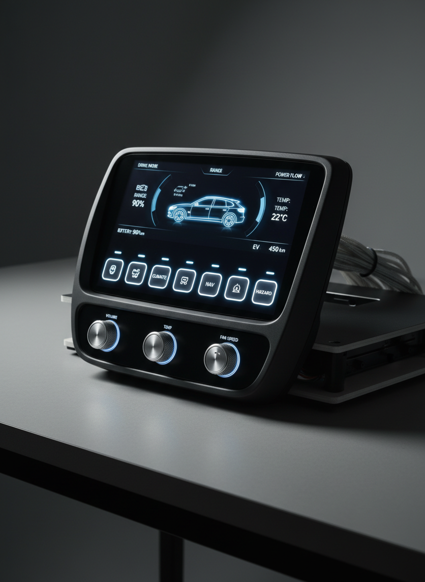 A modern automotive dashboard mockup on a studio worktable, featuring a custom electronic control panel with illuminated capacitive touch buttons, a high-resolution LCD display showing stylized vehicle diagnostics, and a row of rotary encoders with knurled metal knobs. The panel is housed in a matte charcoal enclosure with subtle texture, connected via tidy wiring looms to hidden development hardware. Neutral gray background and soft, directional studio lighting from the left create crisp edge highlights and controlled shadows that sculpt the shapes. Captured at a three-quarter angle with sharp focus throughout, the composition feels balanced and spacious. The photographic realism and minimalist aesthetic emphasize high-end user interface design and bespoke in-vehicle electronics development.