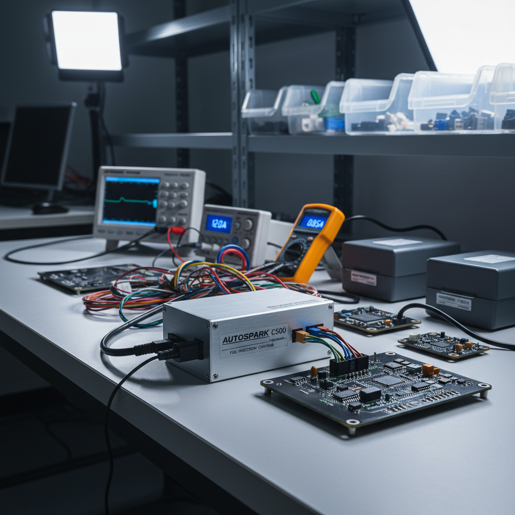 A sleek automotive electronics R&D lab bench filled with neatly arranged automotive circuit boards, ECU modules, wiring harnesses, and precision testing instruments. Brushed aluminum enclosures with laser-etched labels sit beside matte-black prototype PCBs with green traces and tiny surface-mount components. In the background, blurred shelves hold organized bins of connectors and sensors. Cool, diffused studio lighting from above and the side creates crisp reflections on metallic surfaces and subtle shadows under each device. Captured at eye level with a moderate depth of field, the main ECU in the foreground is in sharp focus while the background softly recedes. The mood is highly professional, orderly, and reliable, with a clean, modern photographic realism that emphasizes engineering precision and one-stop custom development capability.