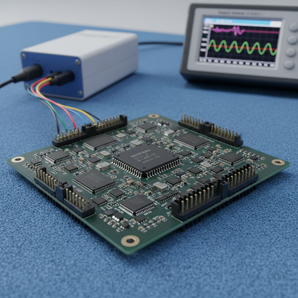 A close-up of a custom automotive ECU prototype open on an anti-static mat, revealing an intricate green PCB densely populated with microcontrollers, CAN transceivers, and gold-plated connectors. Fine, color-coded wires connect the board to a compact programmable power supply and a logic analyzer with vivid waveform traces on a small screen in the background. Soft, cool-white overhead lighting highlights the solder joints and component markings, casting gentle, technical-looking shadows. Shot from a slightly elevated angle with shallow depth of field, the focus rests on the central microcontroller and surrounding components. The photographic style is ultra-clean and high-resolution, conveying advanced technology, reliability, and precision engineering for tailored automotive electronics solutions.